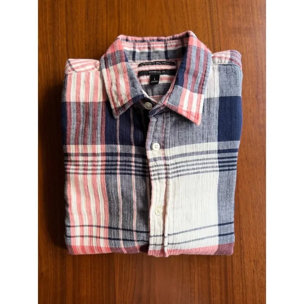 Banana Republic Men's Untucked Slim Fit Blue Plaid Button-Down Shirt - Size L